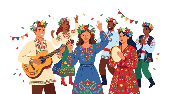 A happy group of people wearing traditional folk clothing play musical instruments and celebrate with falling confetti against a plain white studio background.