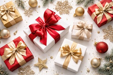 Fototapeta premium Holiday presents wrapped in ribbons arranged with festive shimmering ornaments and glitter snowflakes on a clean white flat background from top