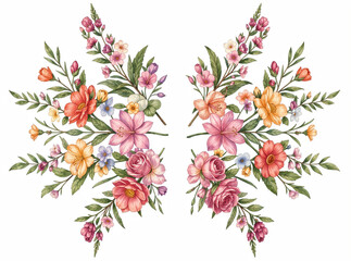 Obraz premium Soft pink and peach blossoms cluster symmetrically. Green leaves frame delicate petals with natural curves. Tiny buds and open blooms add texture and depth