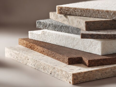 Natural fiber reinforced plastic panels for car interiors in flat lay arrangement. Sustainable automotive design eco innovation green manufacturing and environmental circular economy engineering.
