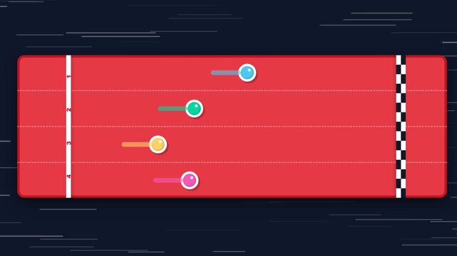 Abstract Animated Competition Race Track with Colorful Icons Moving Toward Finish Line for Business Progress Concept
