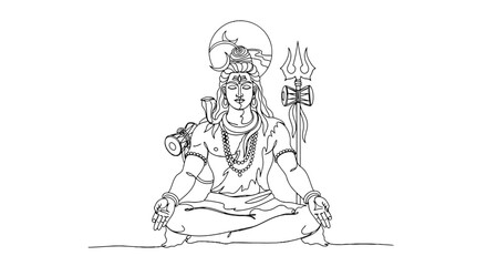 Obraz premium Intricate Line Drawing of a Meditative Hindu Deity with Traditional Symbols and Attire