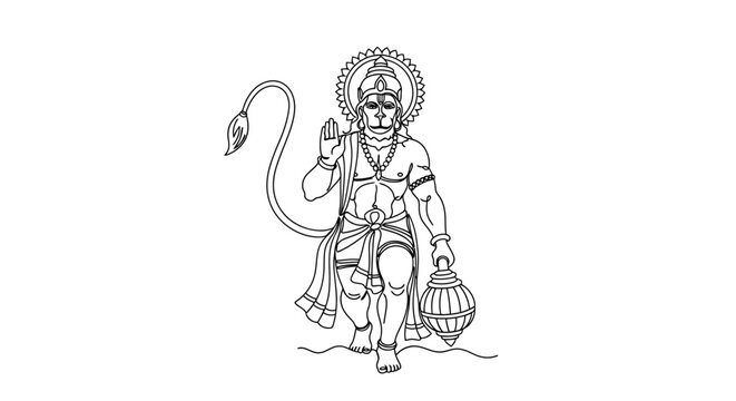Intricate Line Drawing of Lord Hanuman Carrying a Gada and Wearing Traditional Accessories