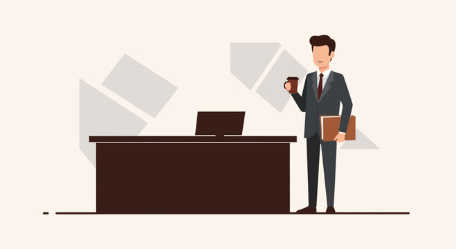 Businessman in Suit Holding Coffee Cup and Folder at Office Desk