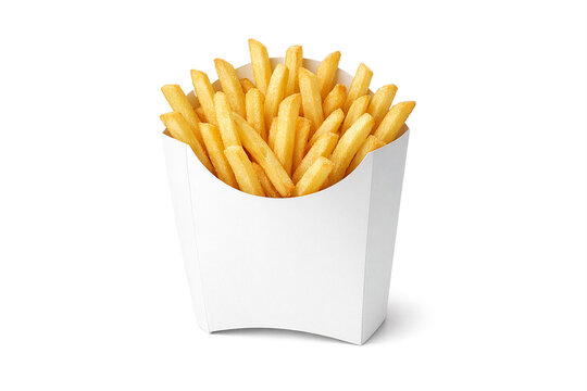 Golden French fries in a white paper container. Fries are crispy and neatly arranged. Clean background with soft shadow beneath. Ideal for fast food, casual dining, or snack themes
