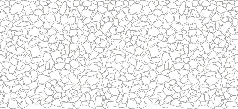 Seamless random stone rubble masonry texture in clean black and white line art vector style for architectural design and construction site planning