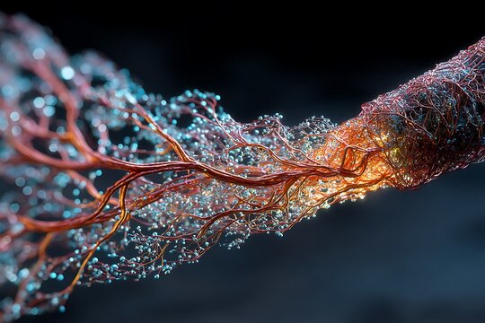 A lung constructed from a fine mesh of copper wiring and synthetic alveoli, breathing out a faint, shimmering mist of nanites 