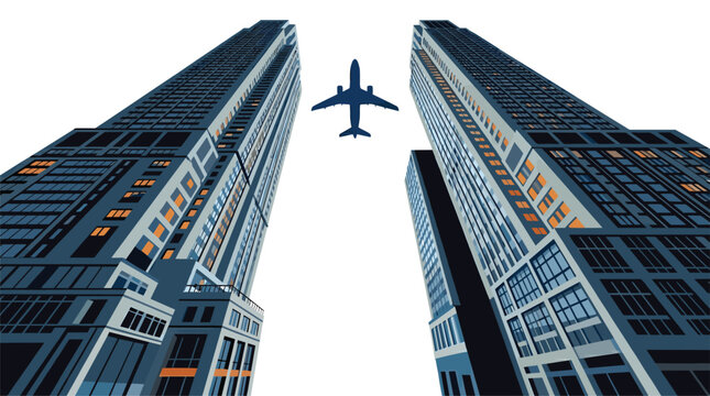 A commercial airplane cruises directly between two massive dark modern skyscrapers against a bright white sky with a metallic cool color palette.