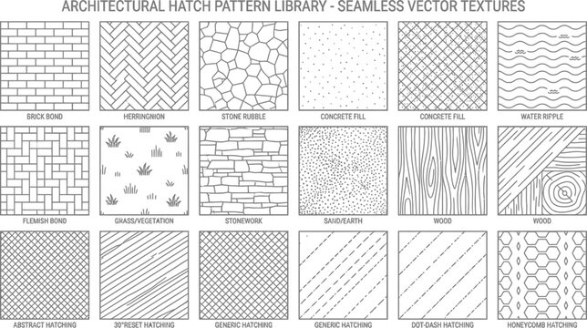 Architectural hatch pattern library featuring fifteen seamless vector textures including brick bond grass vegetation stonework and wood for professional cad drafting