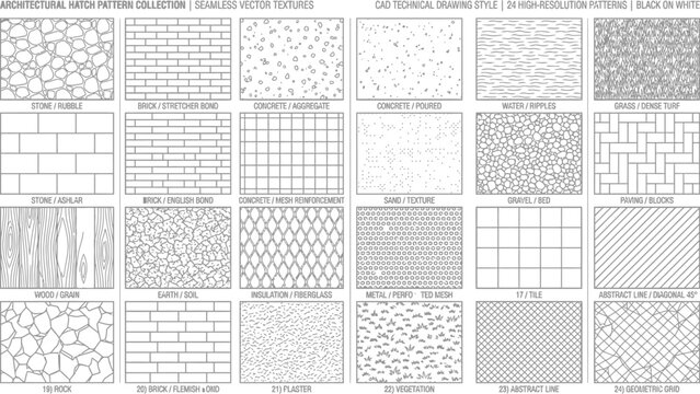 Architectural hatch pattern collection containing twenty four high resolution seamless vector textures in cad technical drawing style on white background
