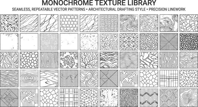 Monochrome texture library featuring seamless repeatable vector patterns for architectural drafting and precision linework design projects in professional cad software
