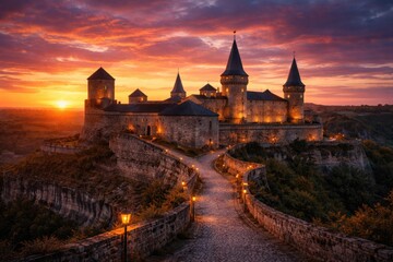 Obraz premium Historic fortress basking in radiant sunset colors with peaceful sky