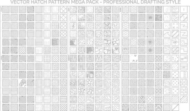 Vector hatch pattern mega pack featuring a professional drafting style library of two hundred variations for cad architecture and design projects