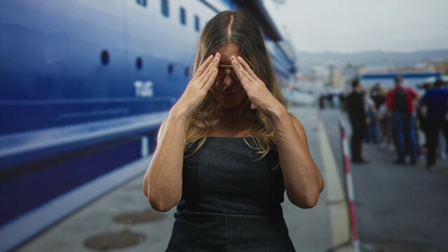 Middle age hispanic woman with glasses covers eye with hand beside cruise ship at port in strapless dress; quiet contemplation.