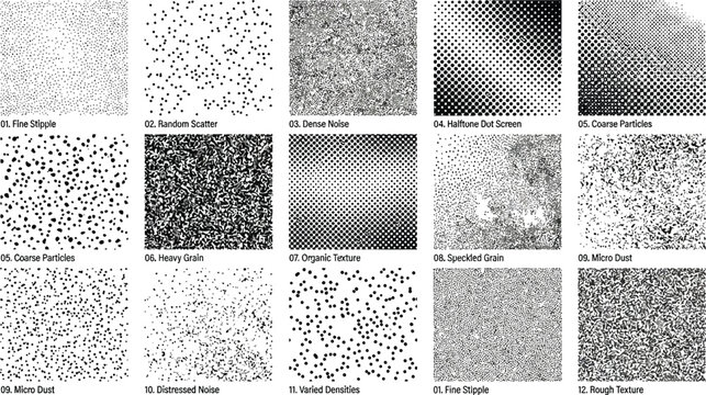 Professional stipple and grain texture library featuring twelve unique black and white vector patterns for organic shading and distressed design effects