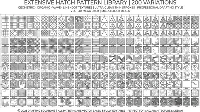 Extensive hatch pattern library containing two hundred variations of geometric organic wave line and dot textures in professional drafting style