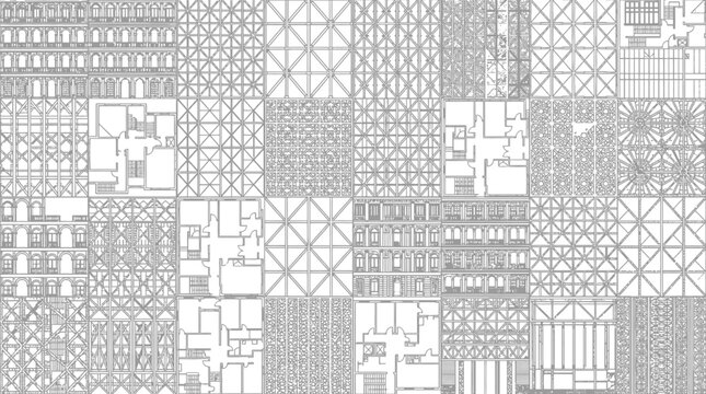 Technical architectural drawing collection featuring complex structural framing floorplans and building cross section patterns in professional vector style