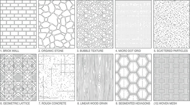 Set of ten distinct architectural surface textures including brick wall and stone patterns plus wood grain and woven mesh designs for professional digital drafting projects