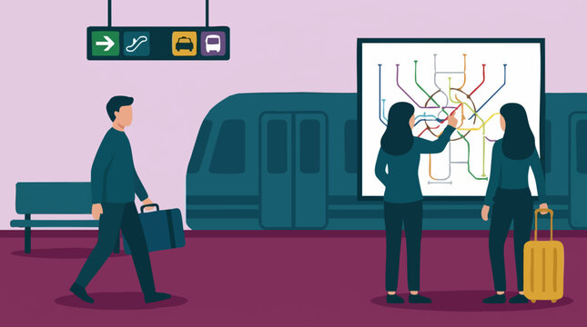 People navigating a busy subway station with a train and metro map