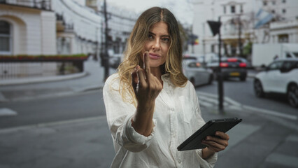Fototapeta premium Woman tapping a tablet with fingers and reading messages while standing on a crowded urban street lined with cars and buildings; concentration.
