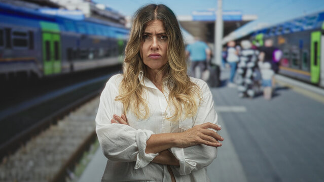 Woman with arms crossed and stern expression at a train station platform wearing a white shirt, commuters and trains behind her; travel delay frustration.