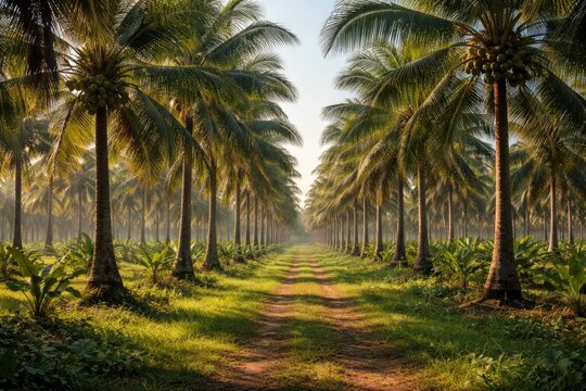 Rows of tall coconut palms in a healthy plantation