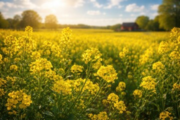 Obraz premium Yellow wild mustard flowers blooming in vibrant sunny farmland