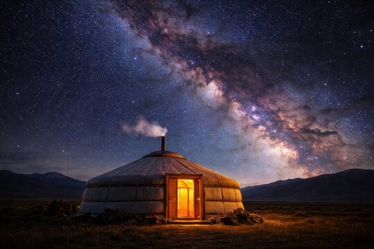 Starry Milky Way backdrop with a cozy Mongolian ger at night