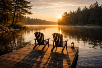Naklejka premium Quiet lakeshore setting at sunrise with vacant wooden chairs casting elongated shadows on the pier