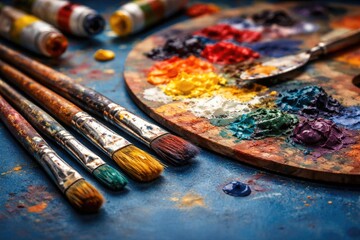 Obraz premium Macro image featuring paint brushes and palette positioned on a solid blue table