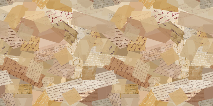 Vintage overlapping paper scraps with handwriting collage seamless vector pattern, Aged torn washi tape with cursive text distressed scrapbook background