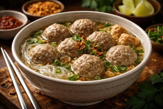 Traditional bakso bowl packed with succulent meatballs and broth
