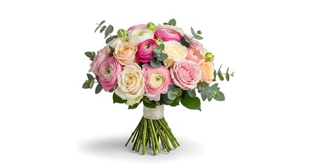 Fototapeta premium Beautiful bouquet of pink and white roses with green leaves isolated on white background