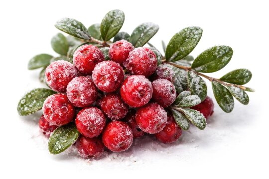 Cluster of icy lingonberries with leafy branches on white backdrop