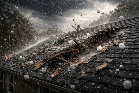 Strong hailstorm causing roof damage and debris