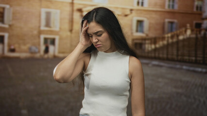 Fototapeta premium Young hispanic woman holds hand to forehead with a pained expression and closed eyes in old town street; discomfort.