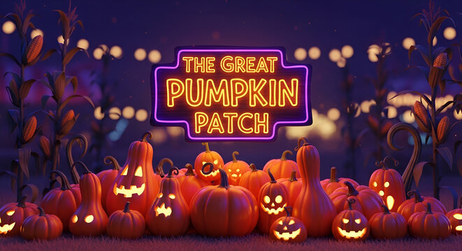 Glowing neon pumpkin patch sign with Halloween jack o lanterns at night