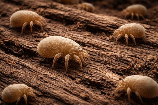 Detailed wooden texture background displaying live acari mites in motion