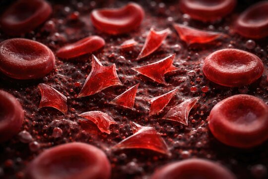 Visual representation of fragmented erythrocytes called schistocytes indicating microangiopathic haemolytic anaemia
