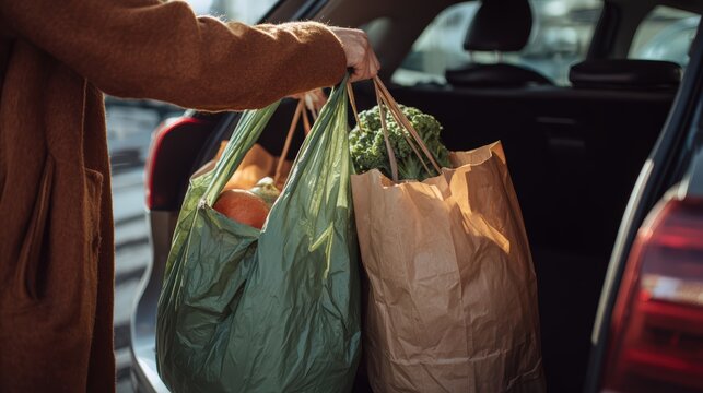 Shopper placing reusable bags full of purchased grocery items into car trunk after shopping trip. Sustainable commerce eco-friendly lifestyle and everyday routine environmental responsibility concept.