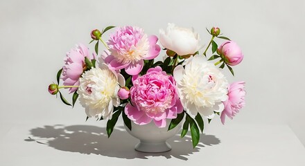 Obraz premium Beautiful bouquet of pink and white peonies in a white vase on a light gray background