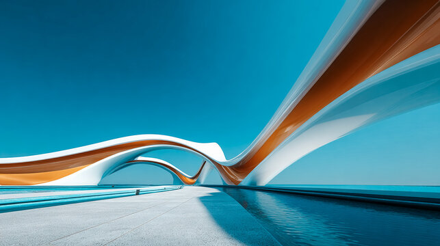 Futuristic bridge with flowing organic curves in white and orange. Modern parametric architecture against a clear blue sky and water. Concept of innovation, urban design, and future infrastructure.