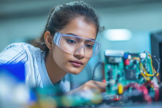 Indian female engineering student working on robotics project in university laboratory, safety goggles and technical equipment visible, STEM education innovation and technology learning development.
