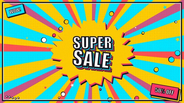 Comic Book Style Super Sale Banner with 50 Percent Off Text on Colorful Pop Art Sunburst Background
