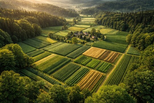 Scenic bird eye shot of cultivated farm plots surrounded by natural forest
