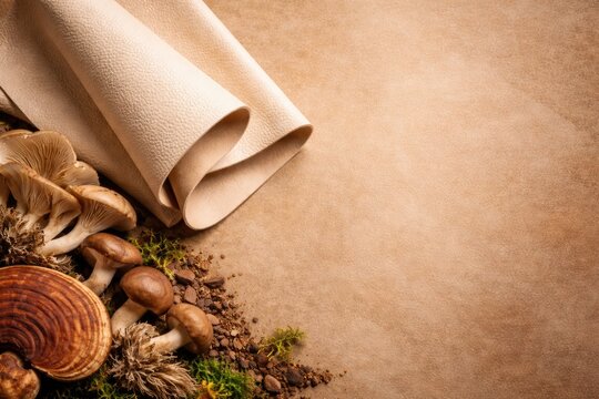 Mushroom derived sustainable leather alternative with empty copy space