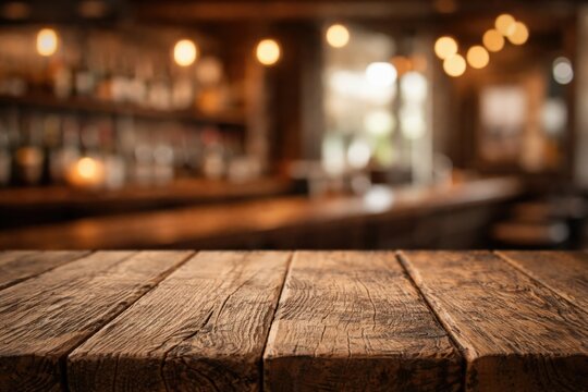 Rustic wooden bar top possessing rough texture and high key blurred backdrop copy space