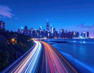 Fototapeta premium Cityscape at night with light trails from fast cars