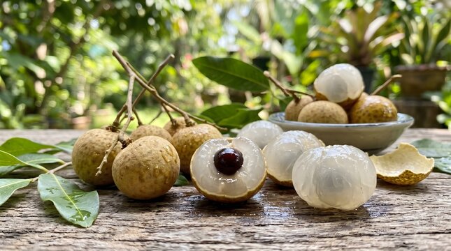 Whole and peeled longan fruits with translucent flesh and black seeds on a wooden table. Lush tropical garden background with natural light.