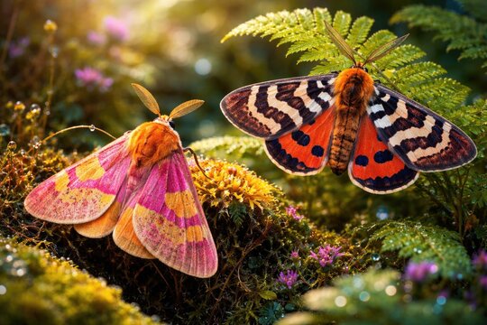 Brightly patterned moths photographed in their natural environment with vivid colors